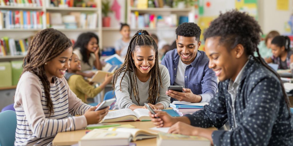 Kelas bahasa Inggris yang aktif dengan siswa yang belajar.