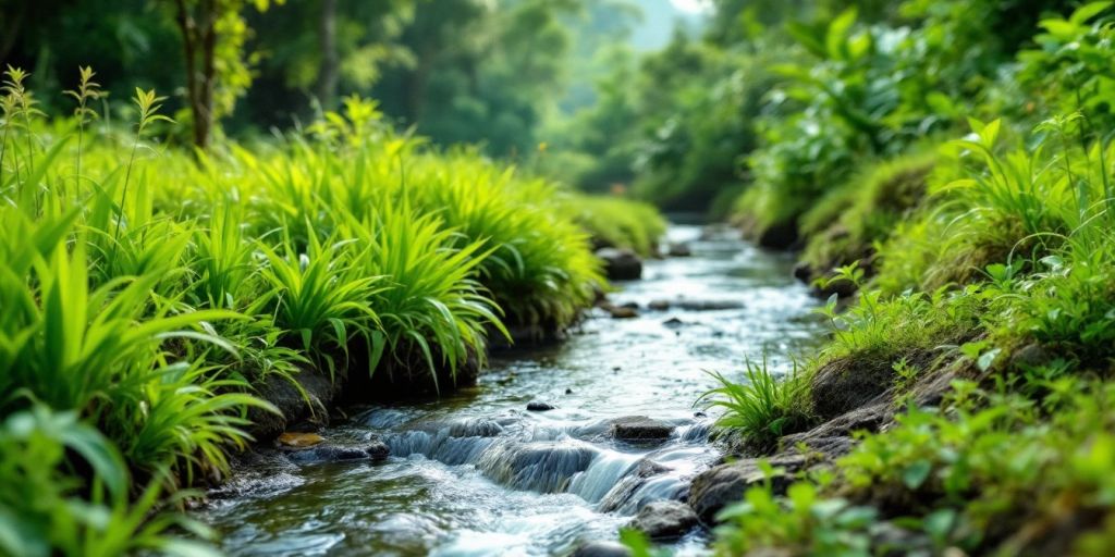 Landskap alami Indonesia dengan sungai dan pepohonan hijau.