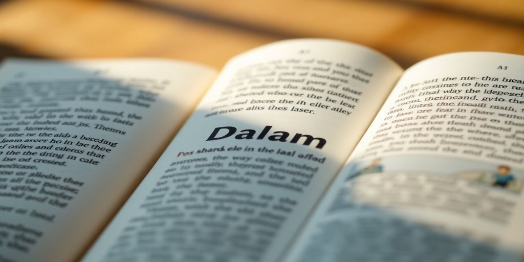 Gambar buku terbuka dengan kata 'Dalam' yang disorot.